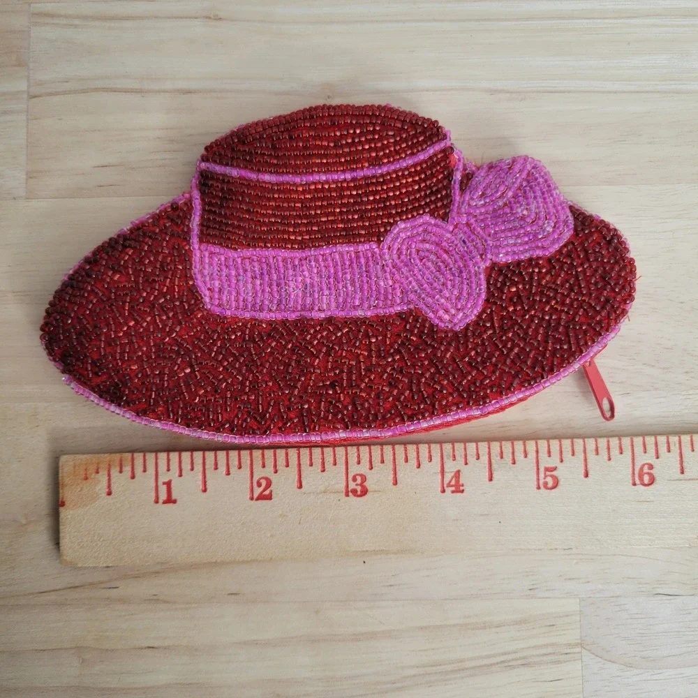 Red Beaded Coin Purse Fashionable Hat Small Bag Red Hat Society Gift Pink Ribbon